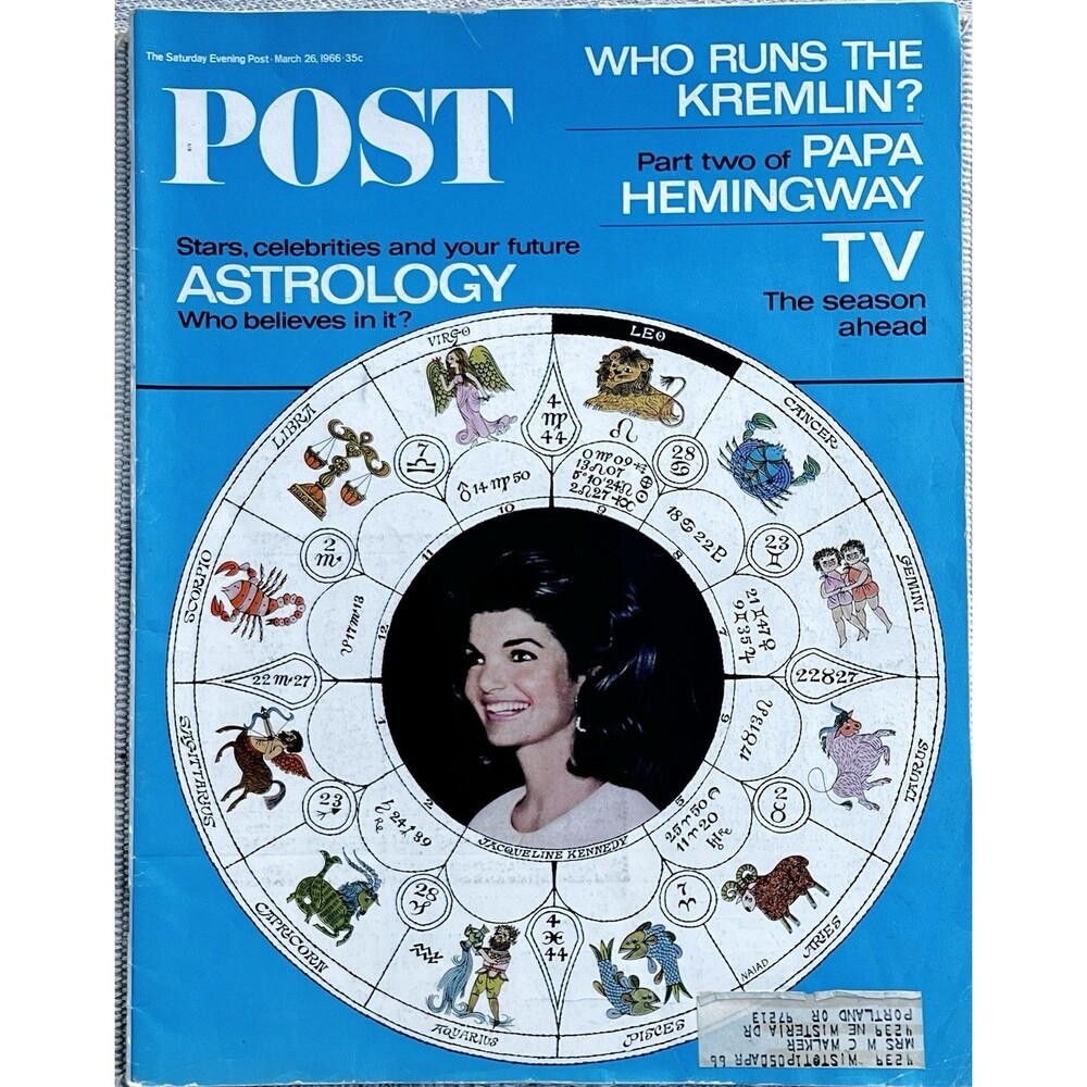 1966 Saturday Evening Post Mar 26  Astrology Jackie Kennedy Hemingway (like new)